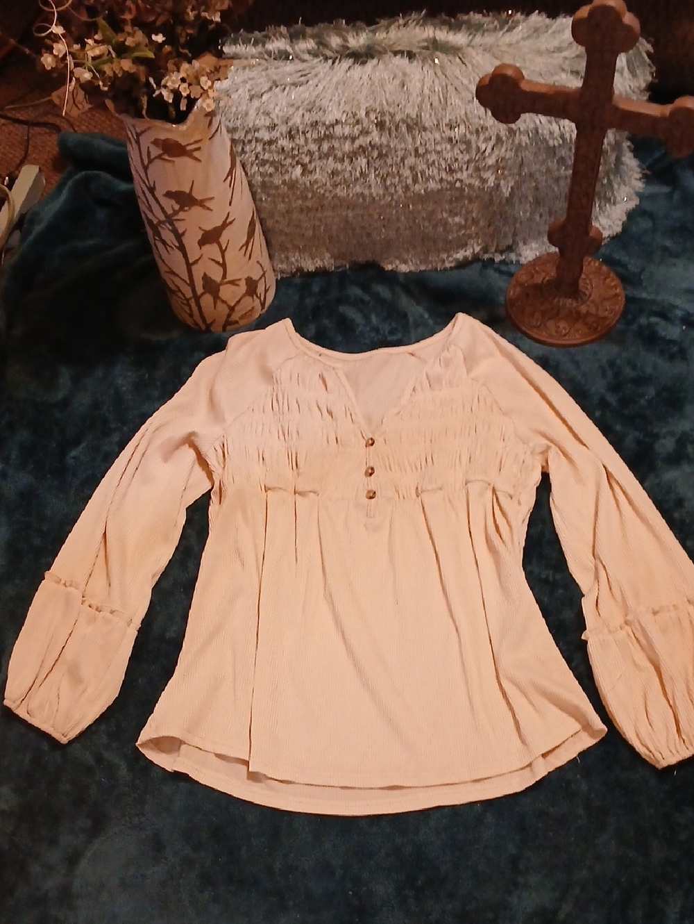 Cream Smocked Peasant Blouse with Button Trim